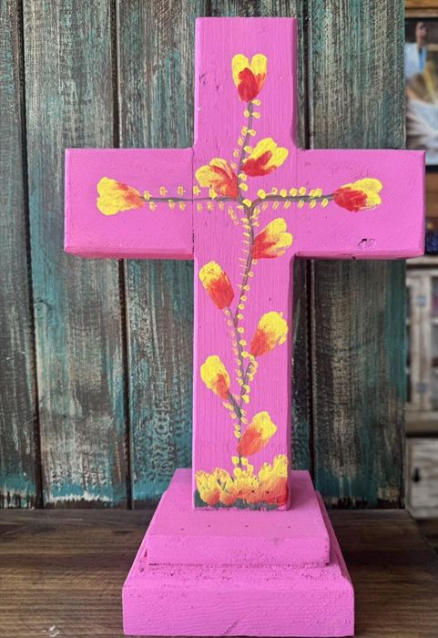 Pink painted wood cross, standing