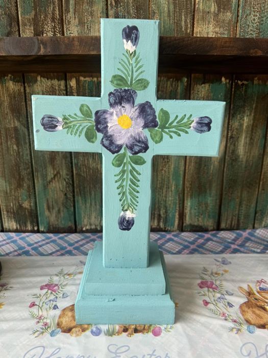 Teal painted wood cross with floral detail