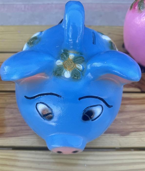Hand-painted blue clay pig bank