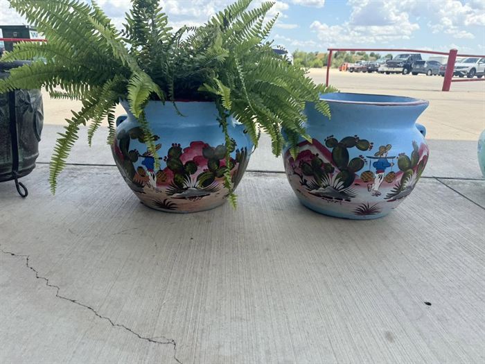 A pair of large hand-painted talavera pots holding ferns