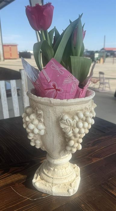 Footed plaster urn with grape relief, planted