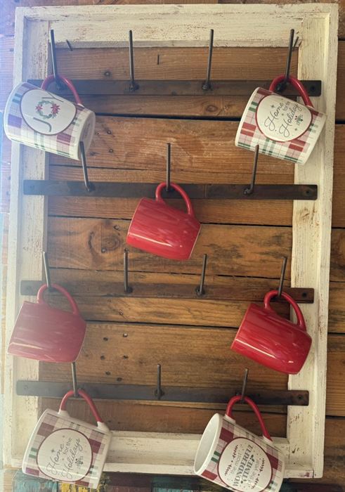 Wall-mounted weathered wood mug rack