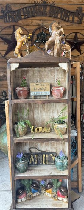 Tall five-tier weathered wood display shelf